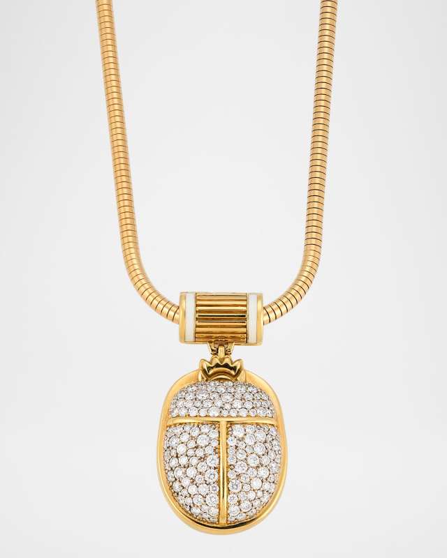 18K Yellow Gold Scarab Pendant Necklace with Diamonds and Enamel